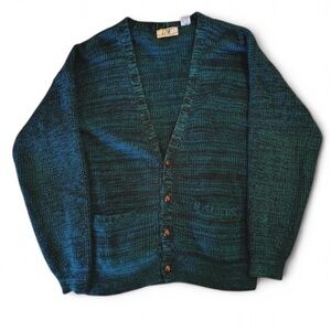 Vtg TJW Mervyns Grandpa Knit Sweater Blazer Mens XL Blue Black Leather Buttons